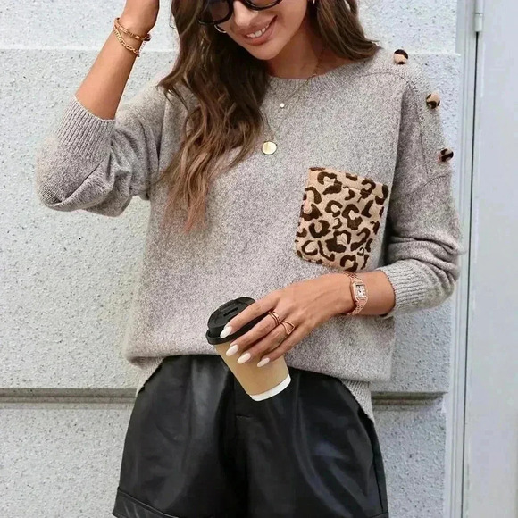 Khaki Casual Women's Loose Fit Crew Neck Floral Pocket Pullover - Picture 1 of 4